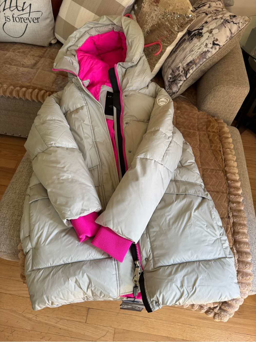Pajar Women's Light Puffer Coat with Hot Pink Lining